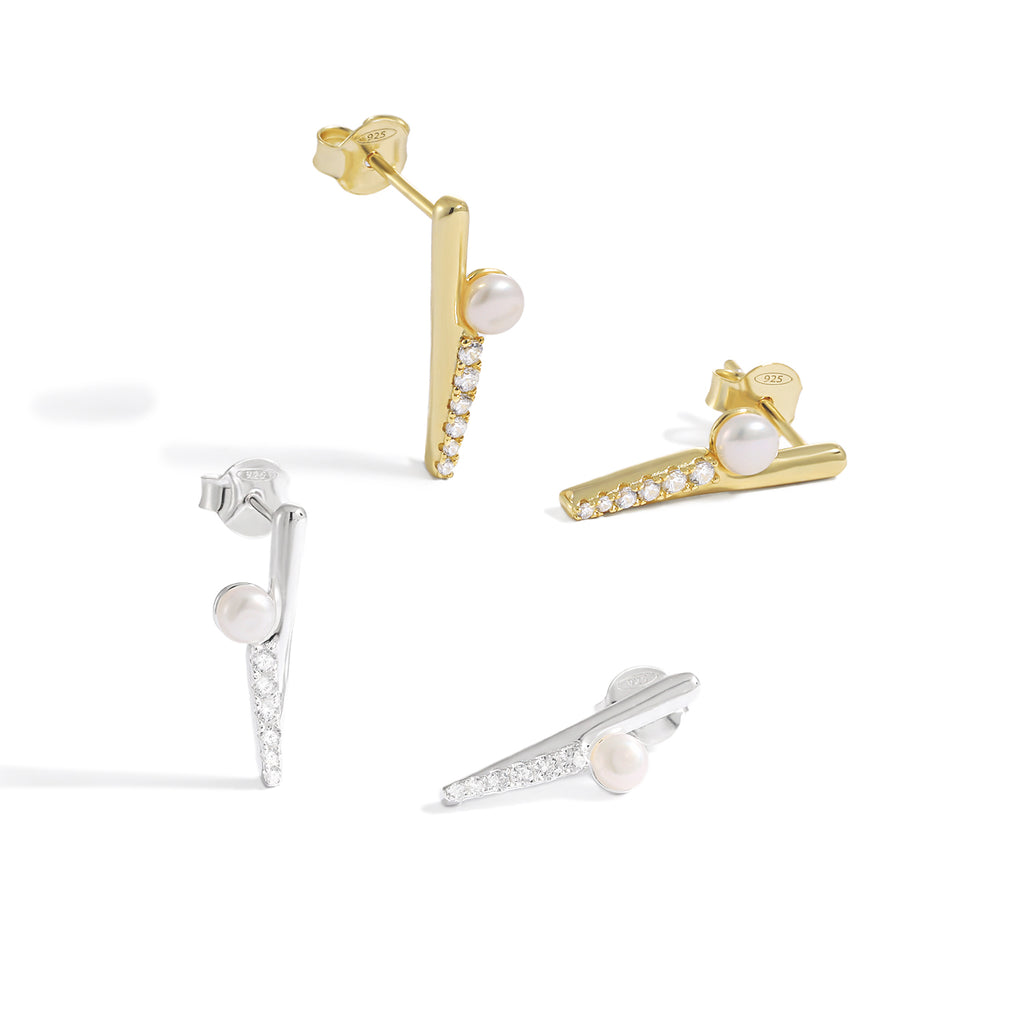 Fashion Round Shell Pearls CZ Strips 925 Sterling Silver Stud Earrings